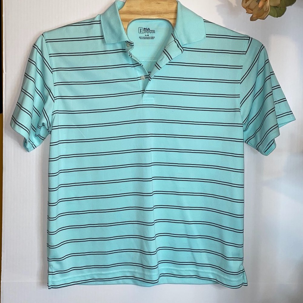 PGA Tour Class Fit Golf Polo Shirt Mens Size Large Mint Striped Short Sleeve